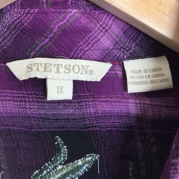 Stetson Plaid Button Down Shirt Floral Embroidered Western Cowgirl Women’s Sz XL - Picture 6 of 13